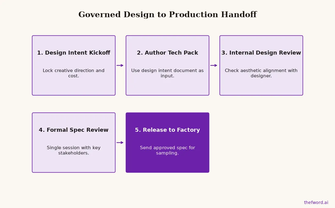 Flowchart showing a five-step process for a structured handoff from design intent kickoff to factory release for