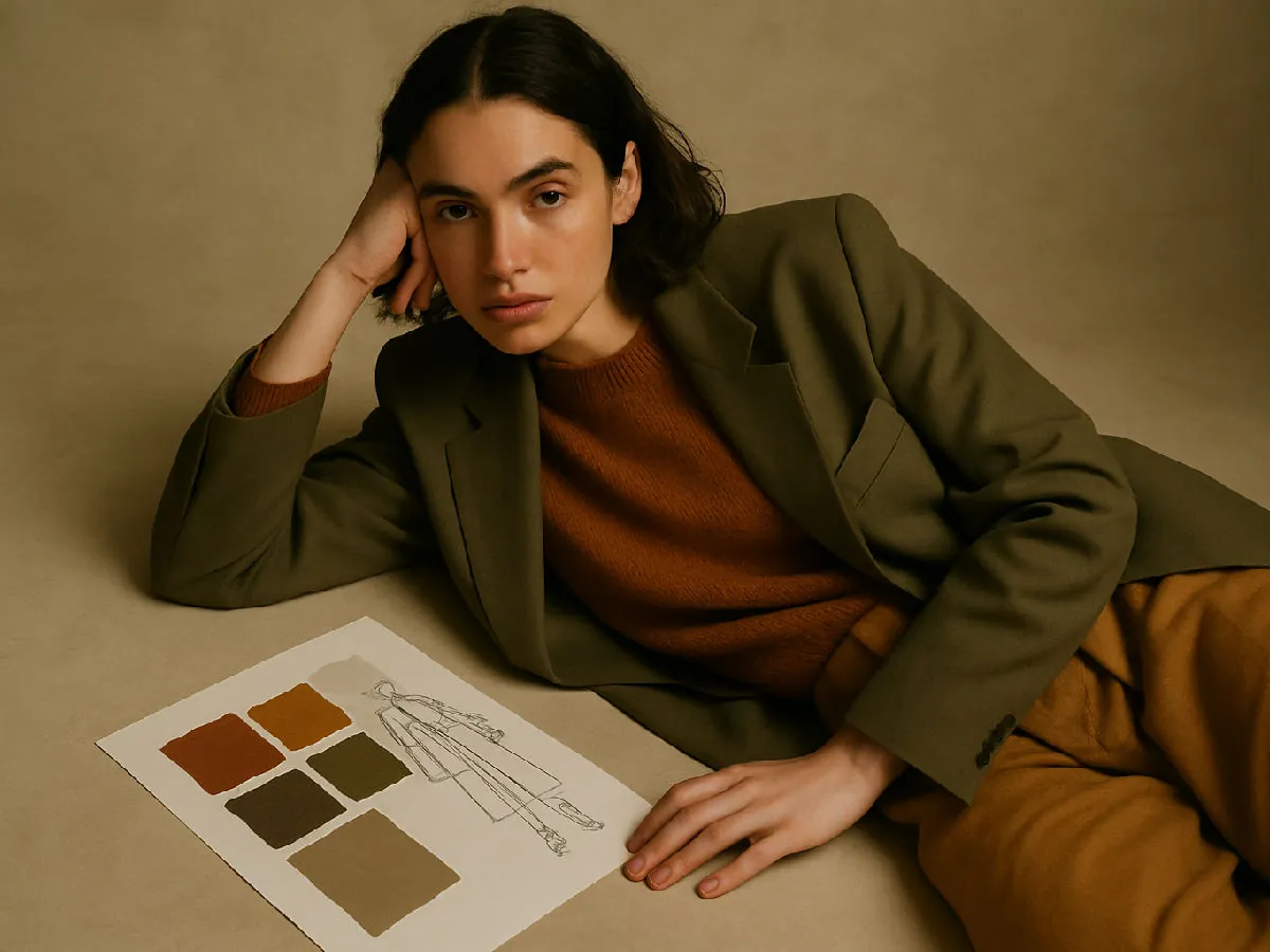 A fashion designer's screen shows multiple AI-generated garment sketches based on a moodboard, demonstrating rapid