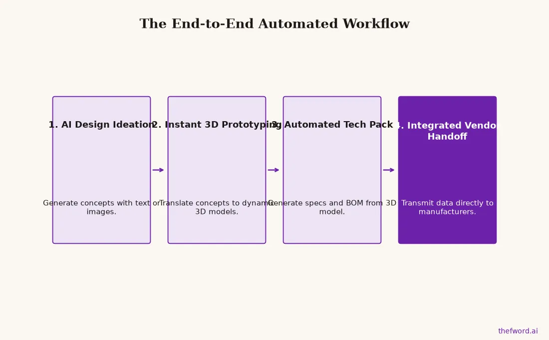 Flowchart shows four steps in an automated fashion workflow, from AI design and 3D prototyping to tech packs and vendor