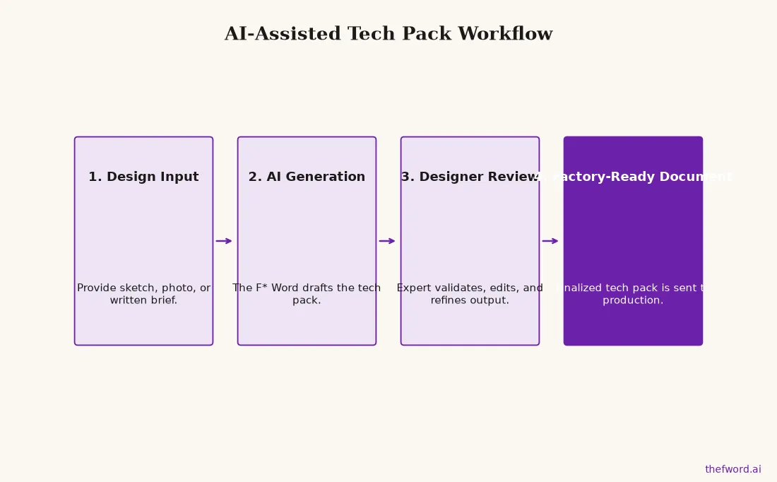 Flow chart showing a four-step process for tech pack creation, moving from design input to AI generation, designer