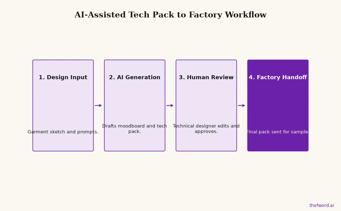 Flow chart showing the four steps of an AI-assisted workflow, moving from design input to AI generation to human review