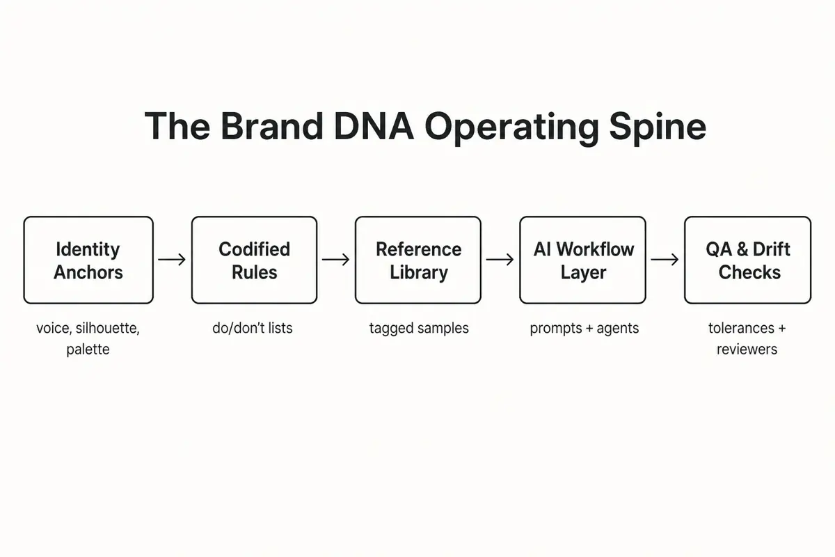 Diagram of the Brand DNA Operating Spine with five layers from identity to QA checks.