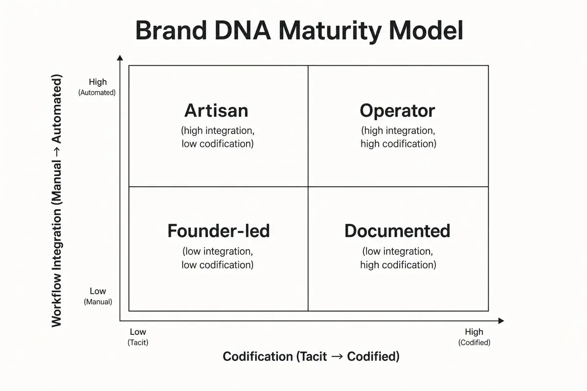 A 2x2 matrix of the Brand DNA Maturity Model showing four stages: Founder-led, Documented, Artisan, and Operator.