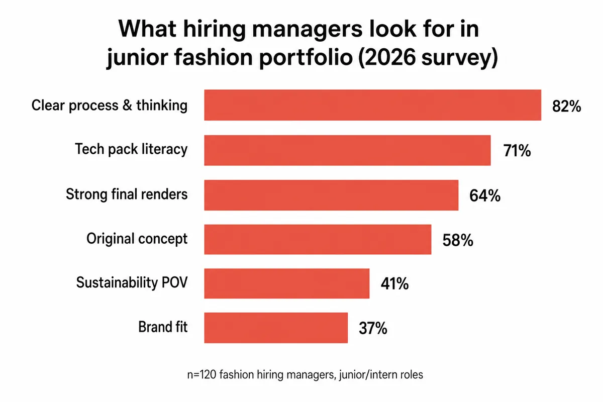 Bar chart of what hiring managers look for in junior fashion portfolios in 2026 with clear process and thinking at 82 percent