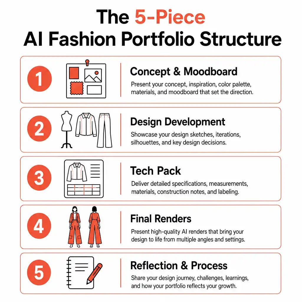 Diagram of the five piece AI fashion portfolio structure from concept and moodboard to reflection and process