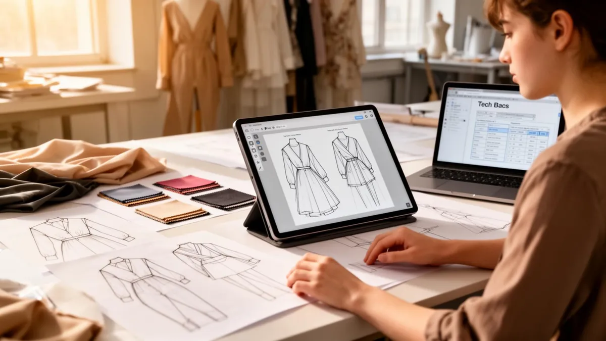 Fashion design student reviewing a digital portfolio with sketches, swatches and a tech pack on screen