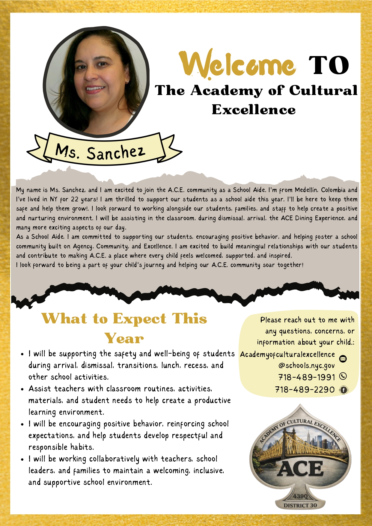 Welcome letter from Ms. Sanchez