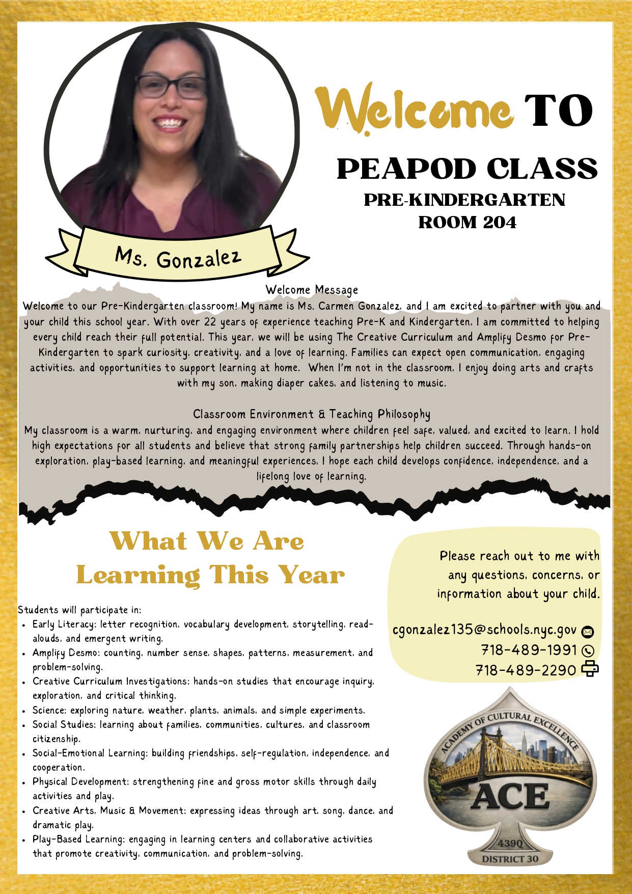 Welcome letter from Ms. Gonzalez