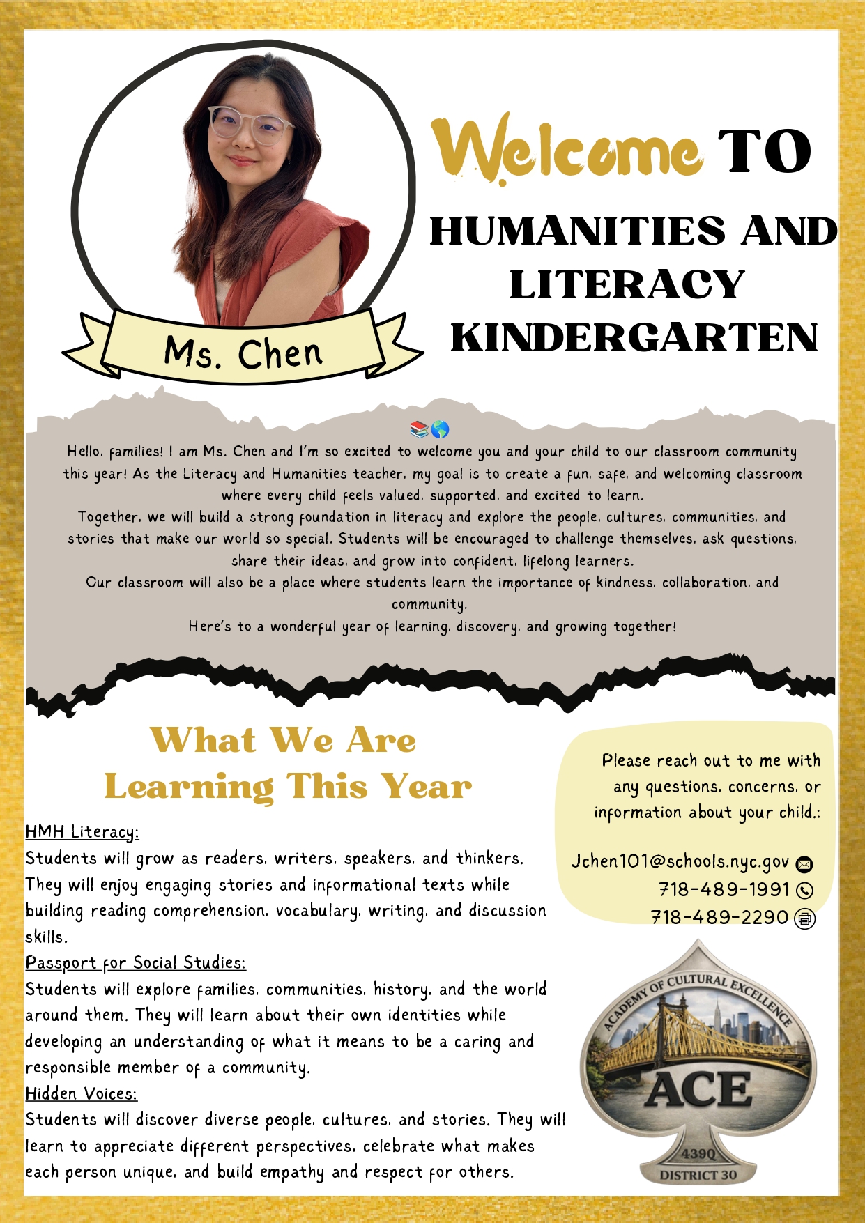 Welcome letter from Ms. Chen
