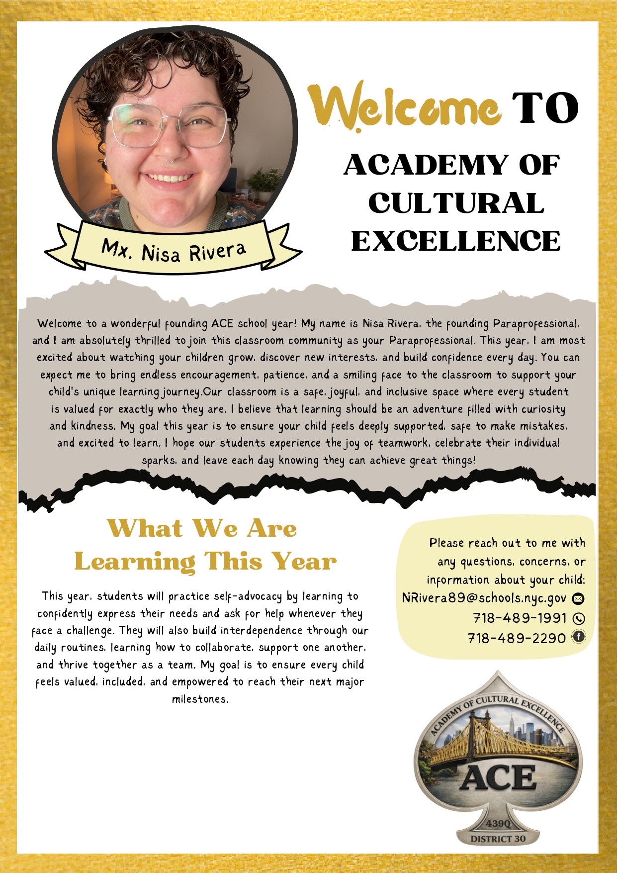 Welcome letter from Ms. Nisa Rivera