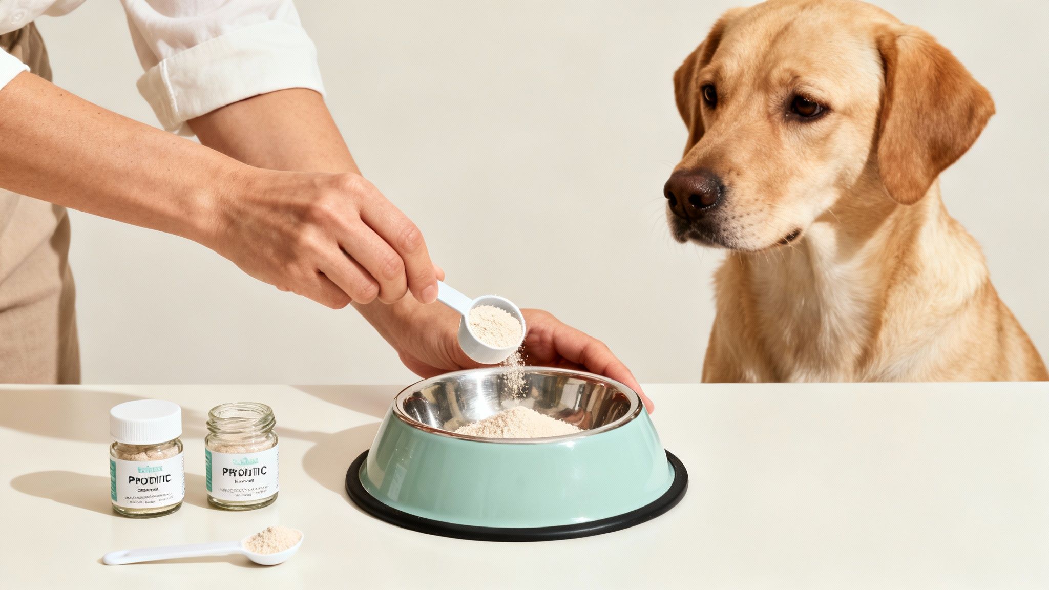 A dog owner carefully adding a probiotic supplement to their dog's food bowl.