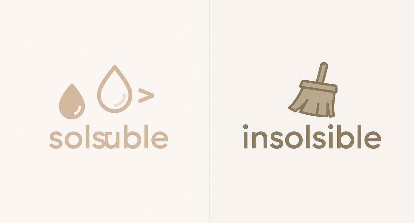 Infographic showing soluble fiber as a water drop and insoluble fiber as a broom, representing their functions in dog digestion.