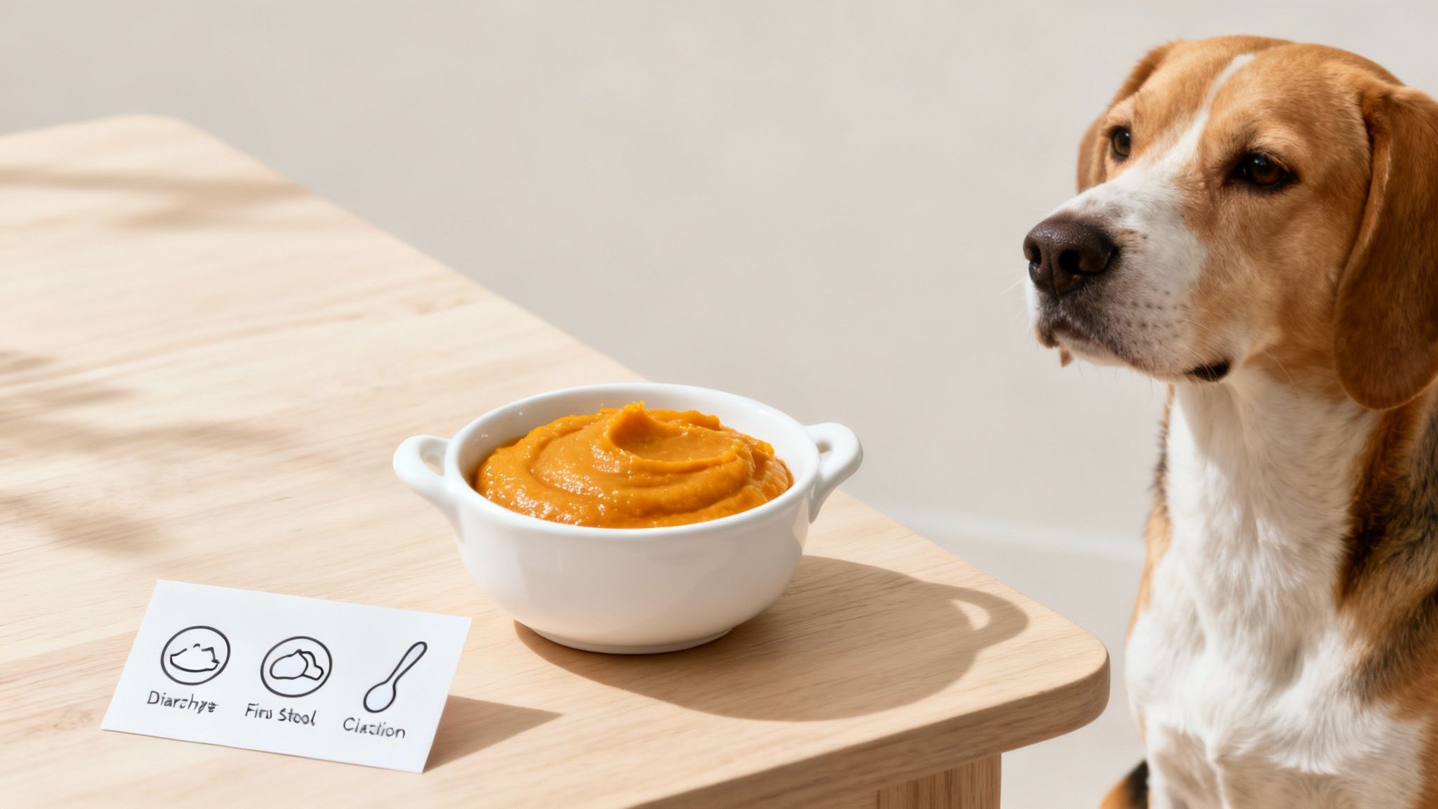A golden retriever dog sitting next to several pumpkins of different sizes on a wooden porch.