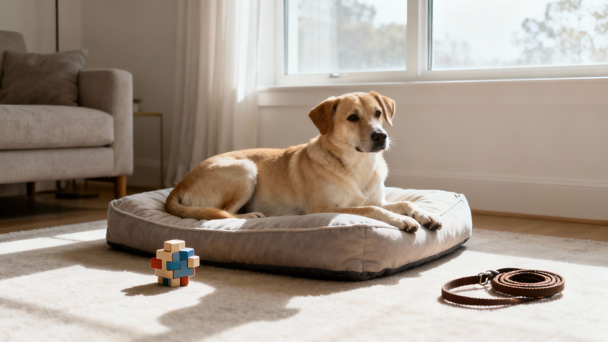 A dog relaxing on a comfortable bed in a calm environment.