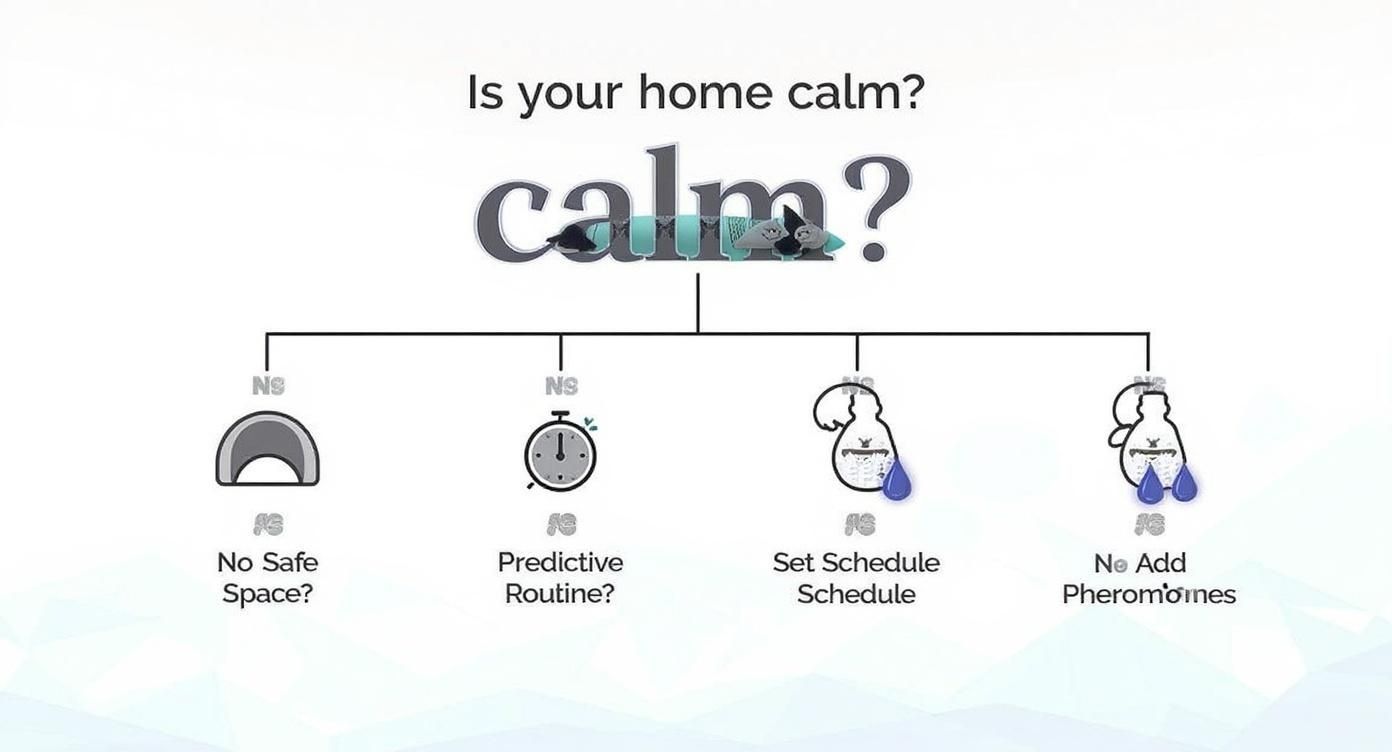 Flowchart showing four strategies to create calm home environment for anxious dogs