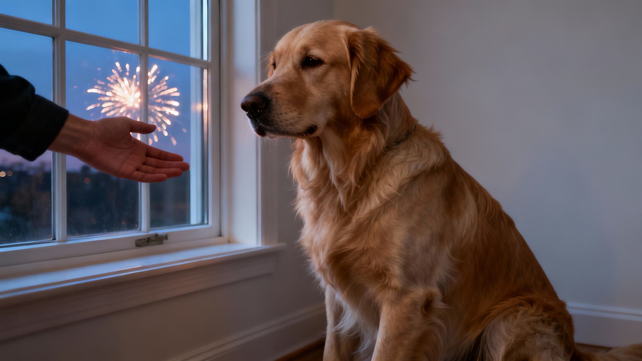Golden retriever dog sitting calmly indoors while fireworks display outside window at dusk