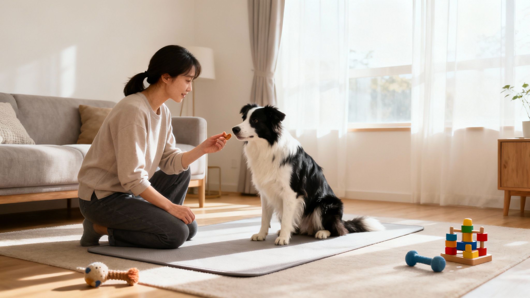 Woman training border collie dog with treats in bright modern living room