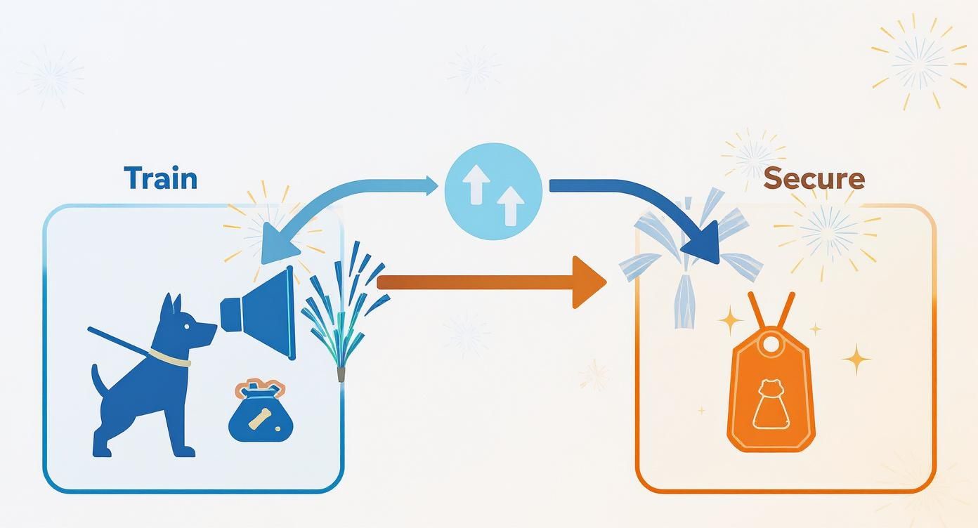 Dog training and security process diagram showing steps to calm pets during fireworks celebrations