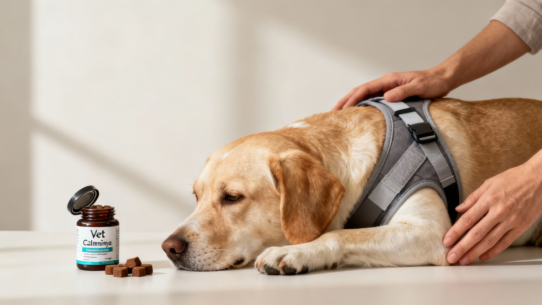 Person comforting golden labrador dog wearing calming harness with veterinary calming supplement treats nearby