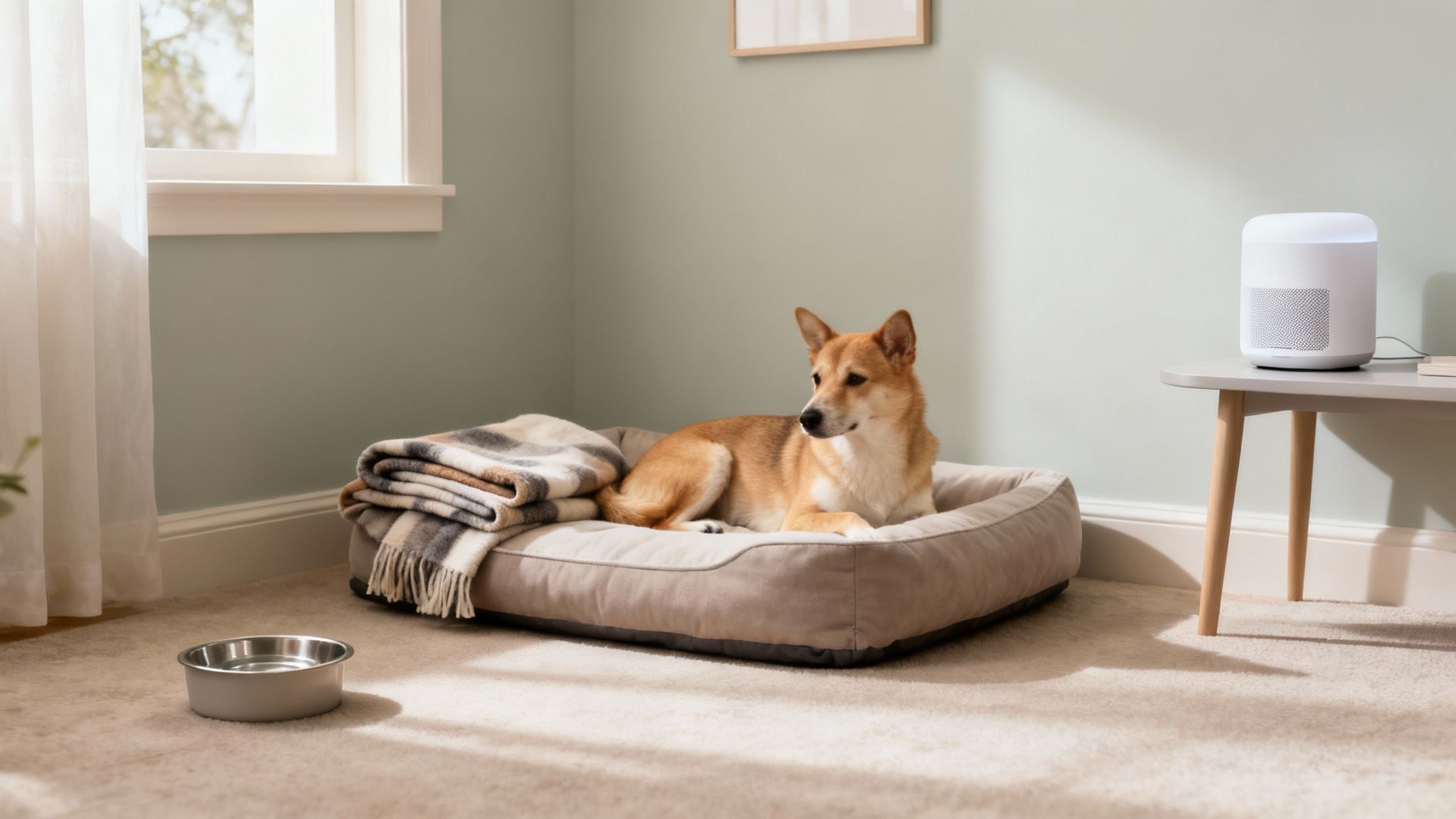 Shiba Inu dog resting calmly on comfortable bed in peaceful home interior setting