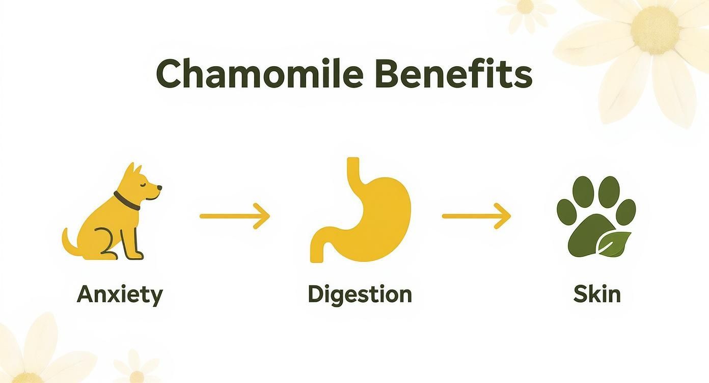 Infographic showing chamomile benefits for dogs including anxiety relief, digestion support, and skin health