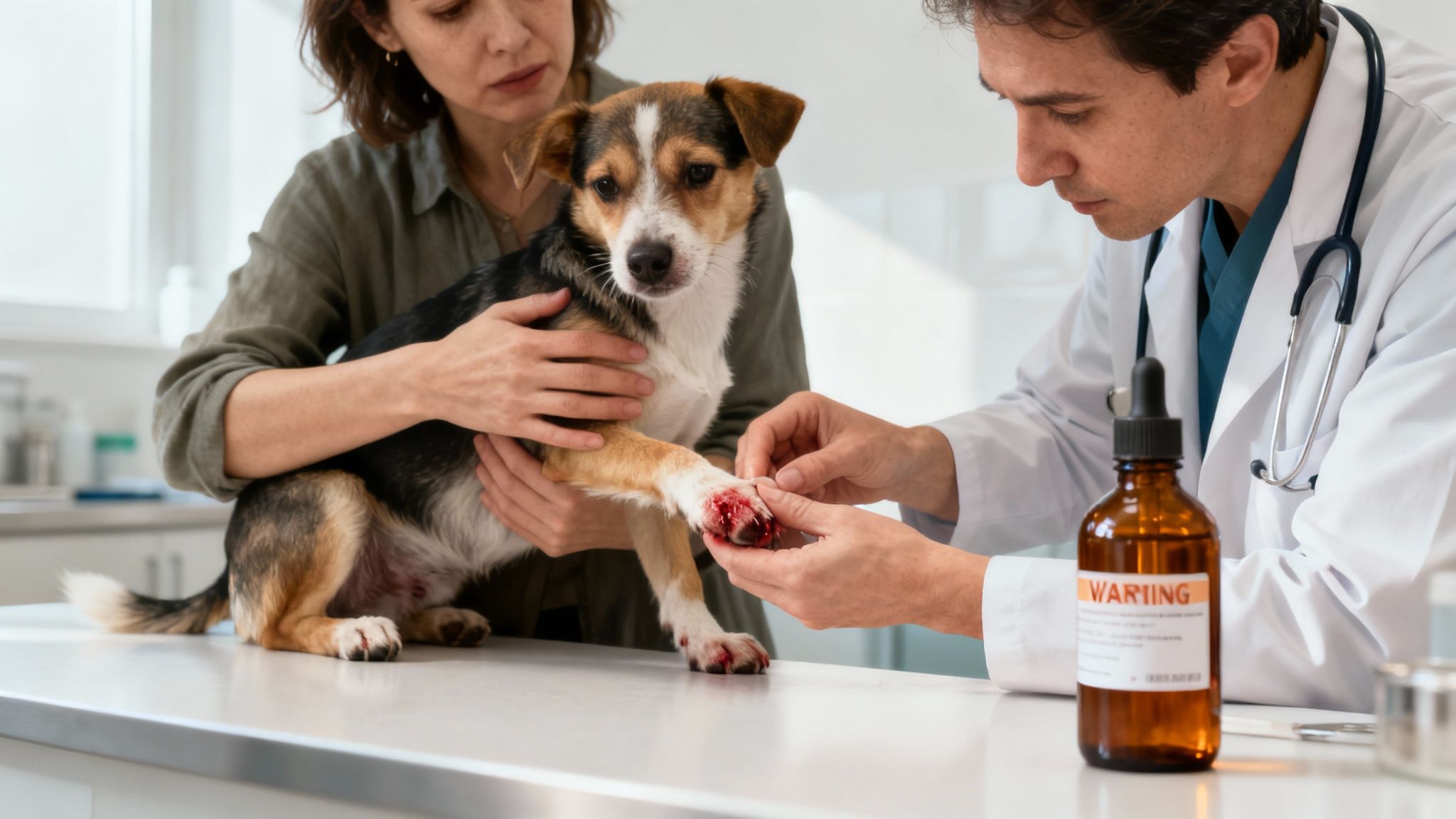 Veterinarian examining injured dog paw while owner holds pet during clinical consultation
