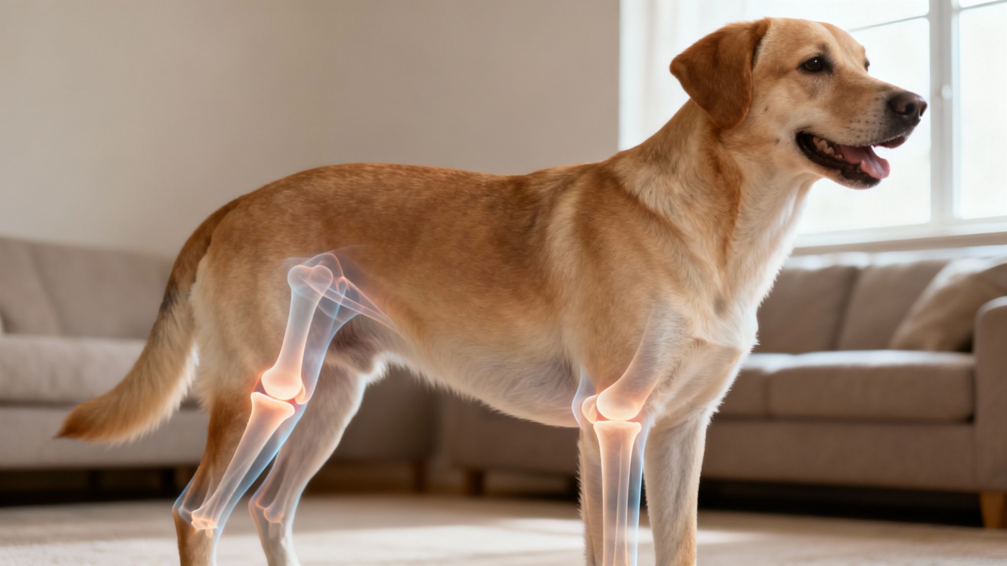 Yellow Labrador retriever with transparent overlay showing skeletal structure highlighting bones and joints
