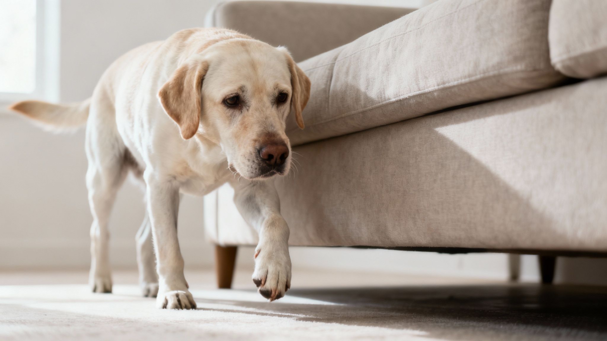 Yellow Labrador Retriever walking slowly on floor near beige couch in bright living room