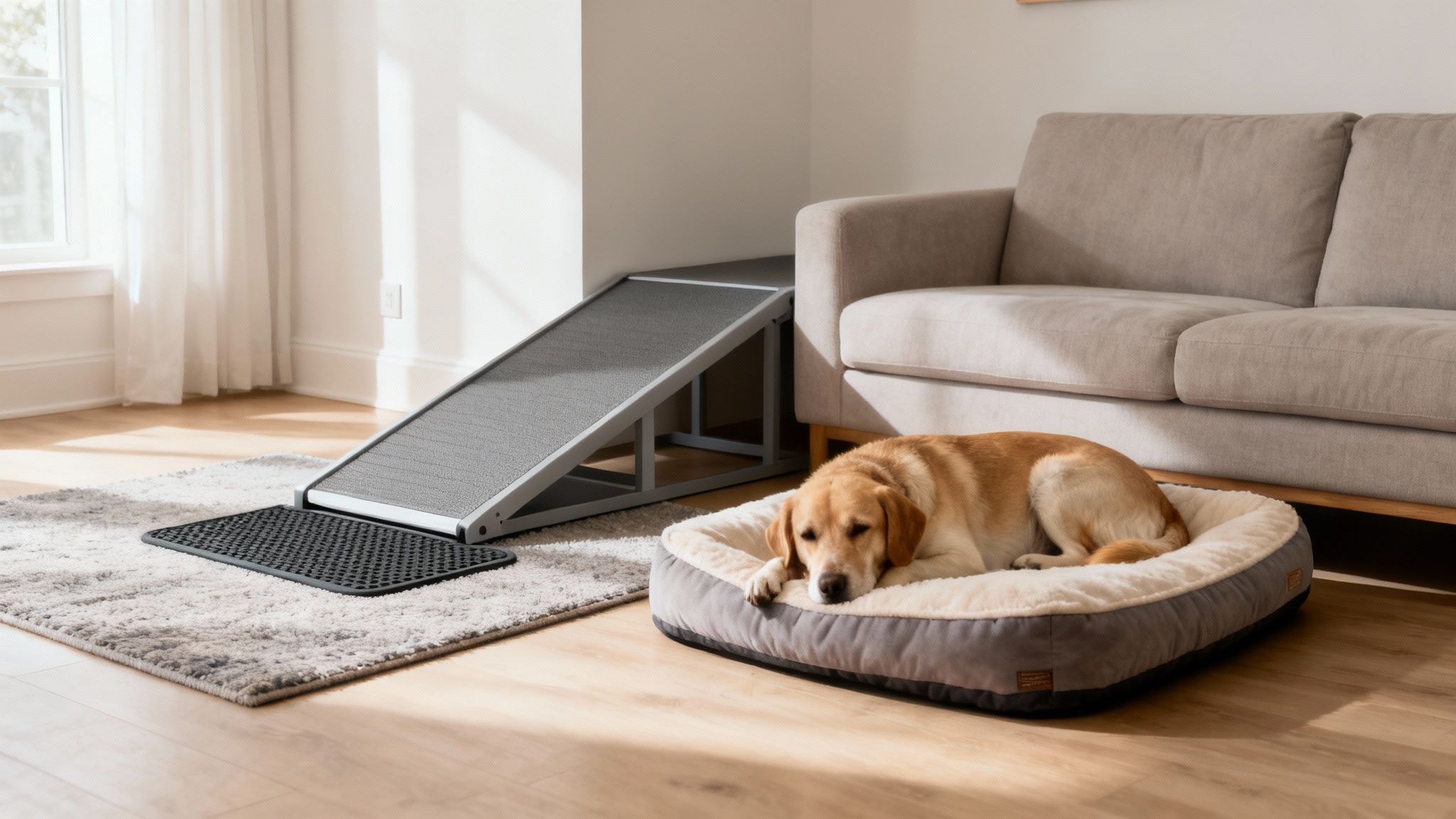 Golden retriever resting on orthopedic dog bed beside pet ramp near sofa in living room
