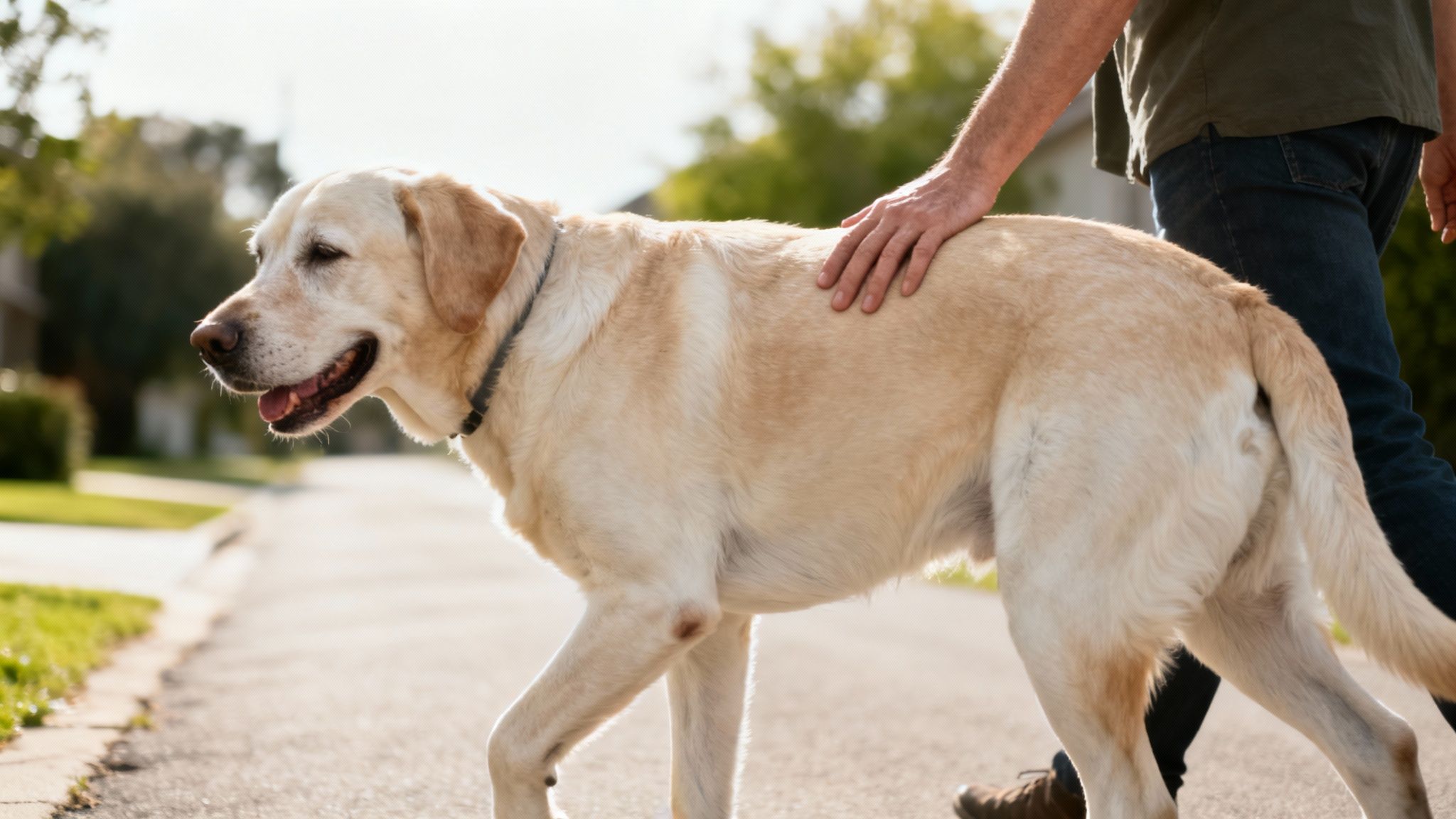 A happy golden labrador dog walking on a sunny sidewalk while being gently petted by a person.