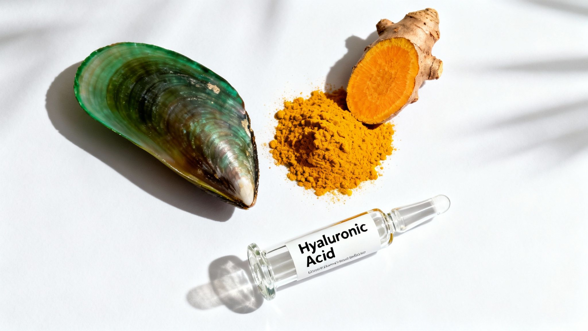 Green-lipped mussel shell, turmeric powder, ginger root, and hyaluronic acid ampoule on white background.