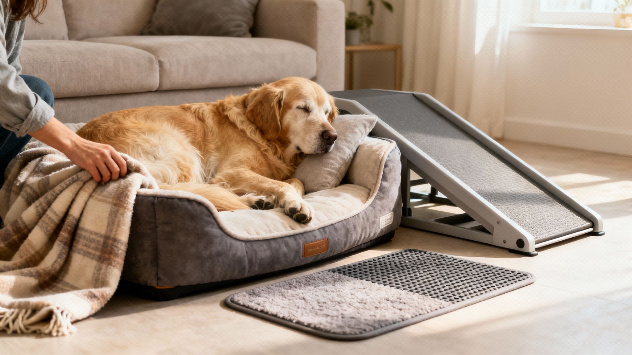 A person covers a sleeping golden retriever dog with a plaid blanket in a cozy living room.