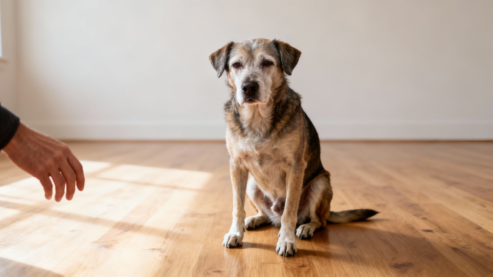 A senior dog with a grey muzzle sits calmly on a wooden floor, observing a hand.