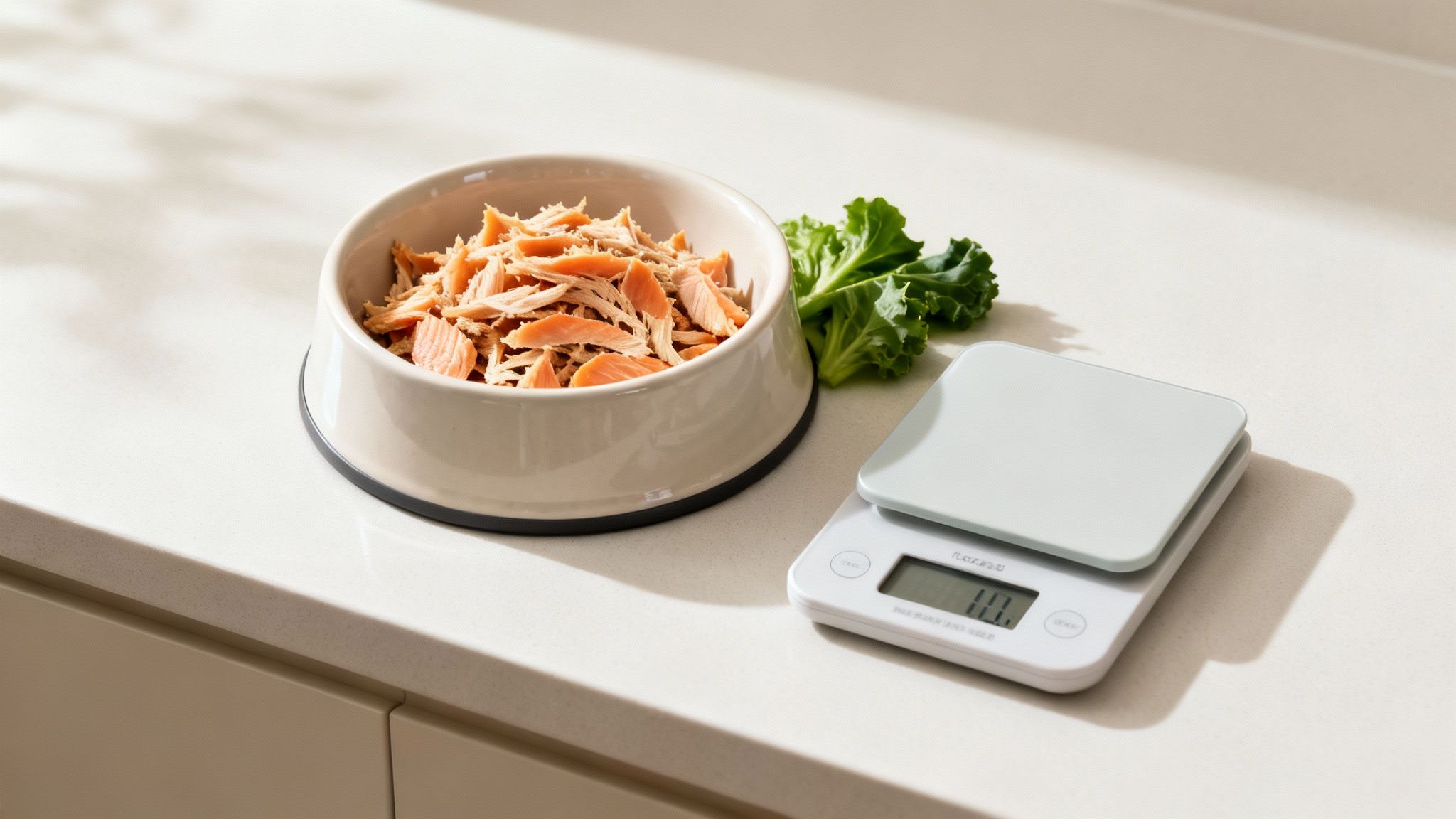 A pet food bowl filled with shredded salmon and fresh kale, next to a digital scale on a counter.