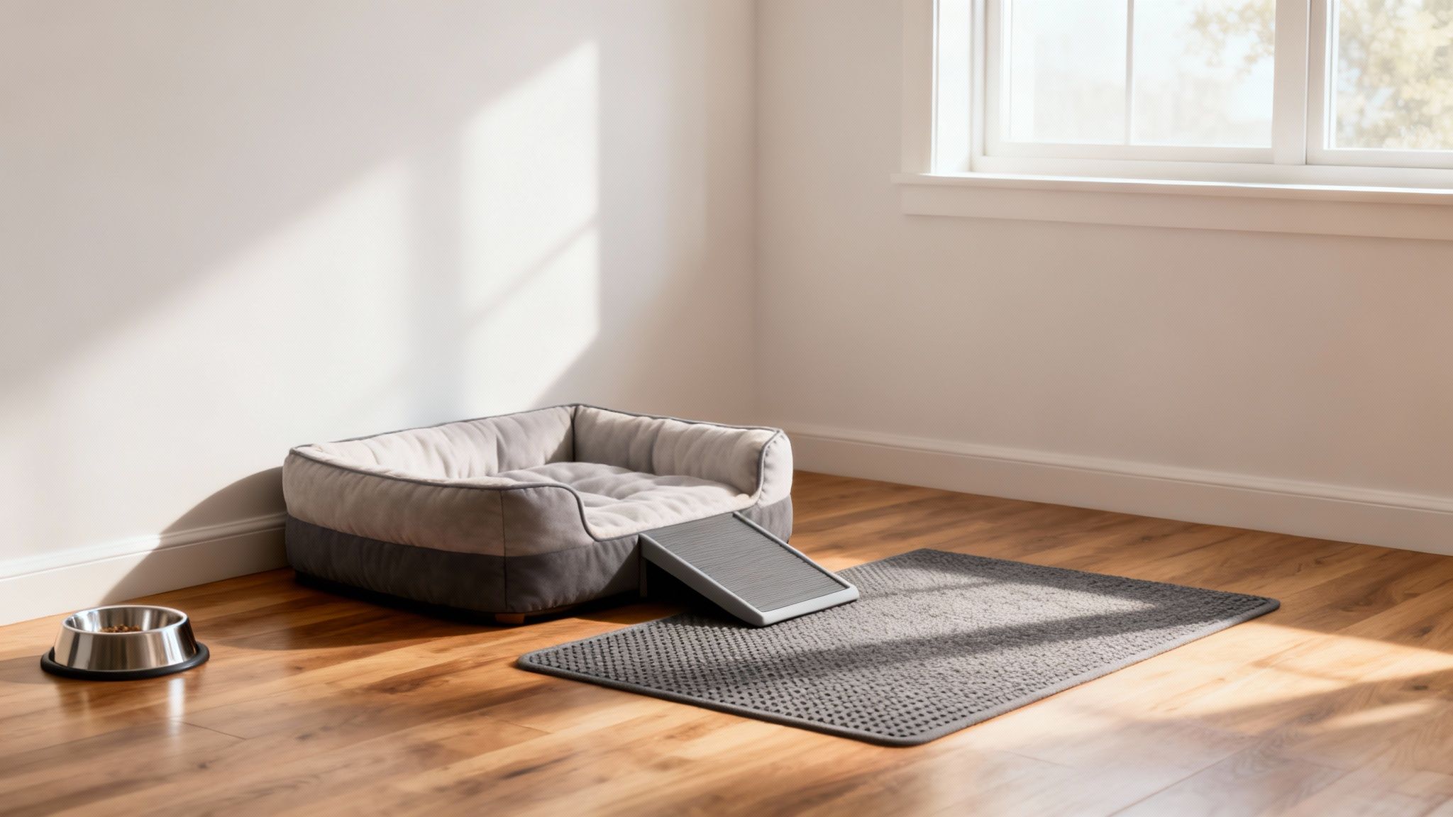 A cozy pet corner with a grey dog bed, ramp, food bowl, and mat on a wooden floor.