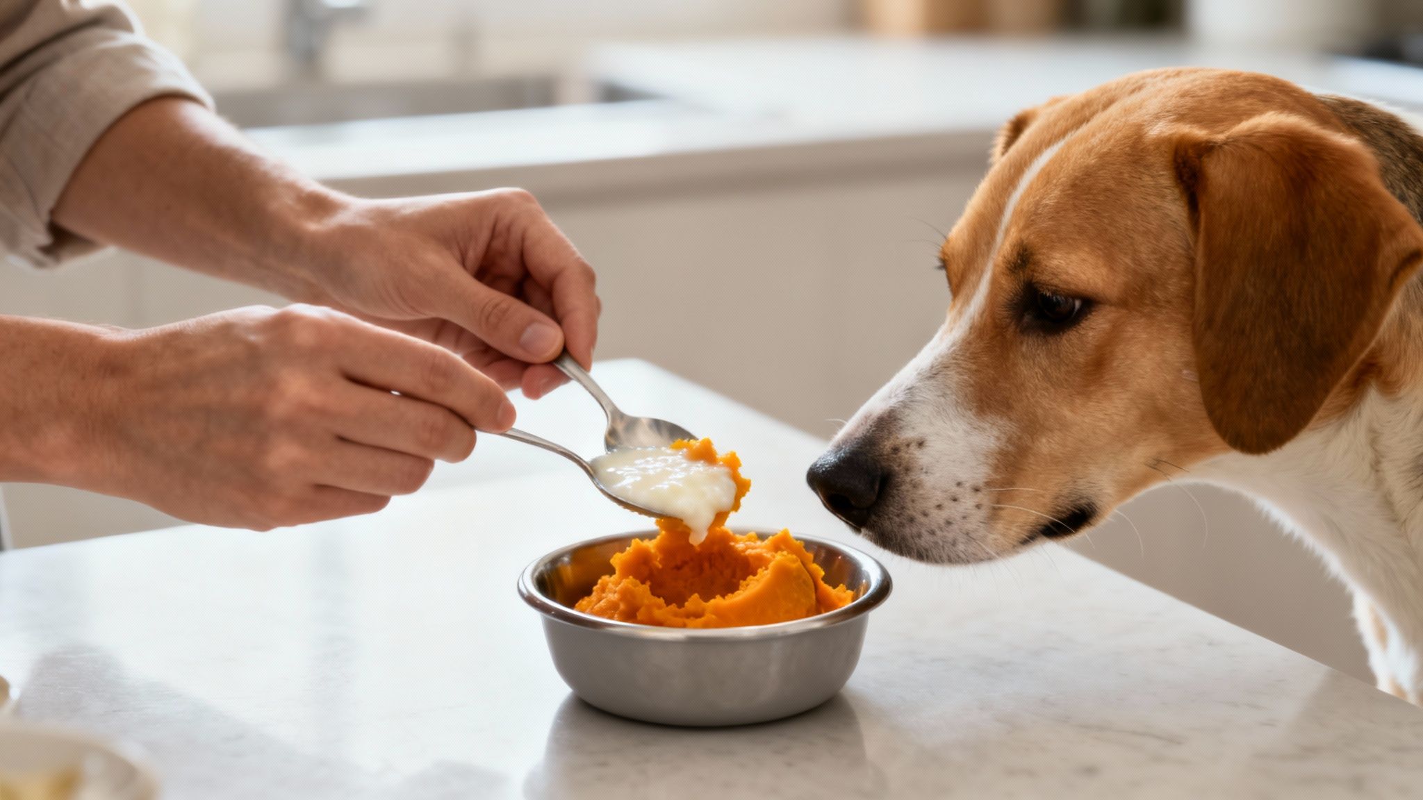A person spoons a white supplement onto mashed pumpkin in a dog bowl, with an eager dog watching.