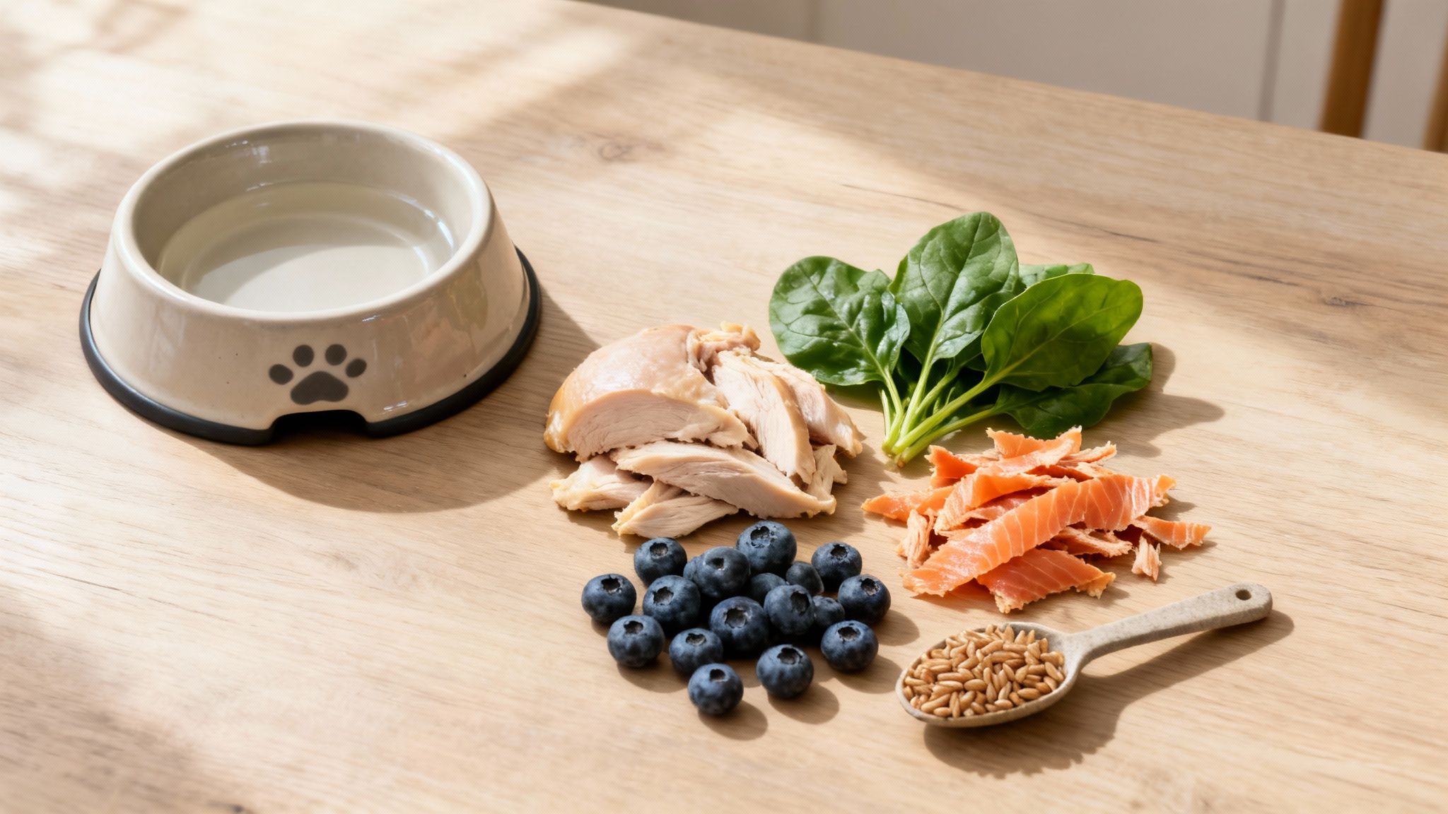 Healthy dog food ingredients including sliced chicken, salmon, spinach, blueberries, and grains arranged around a water bowl.