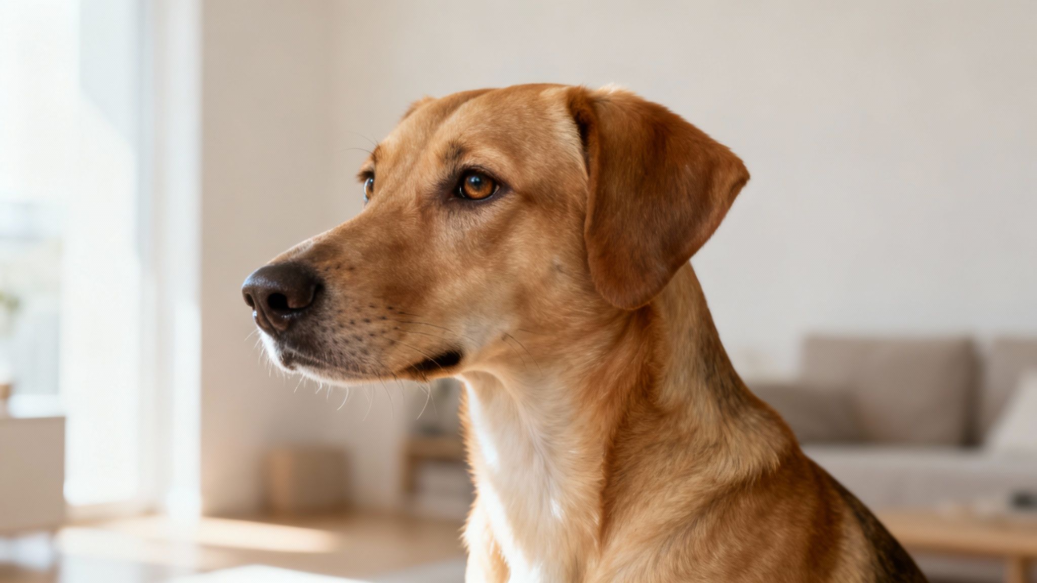 A light brown dog with warm eyes looks left in a bright, indoor setting.