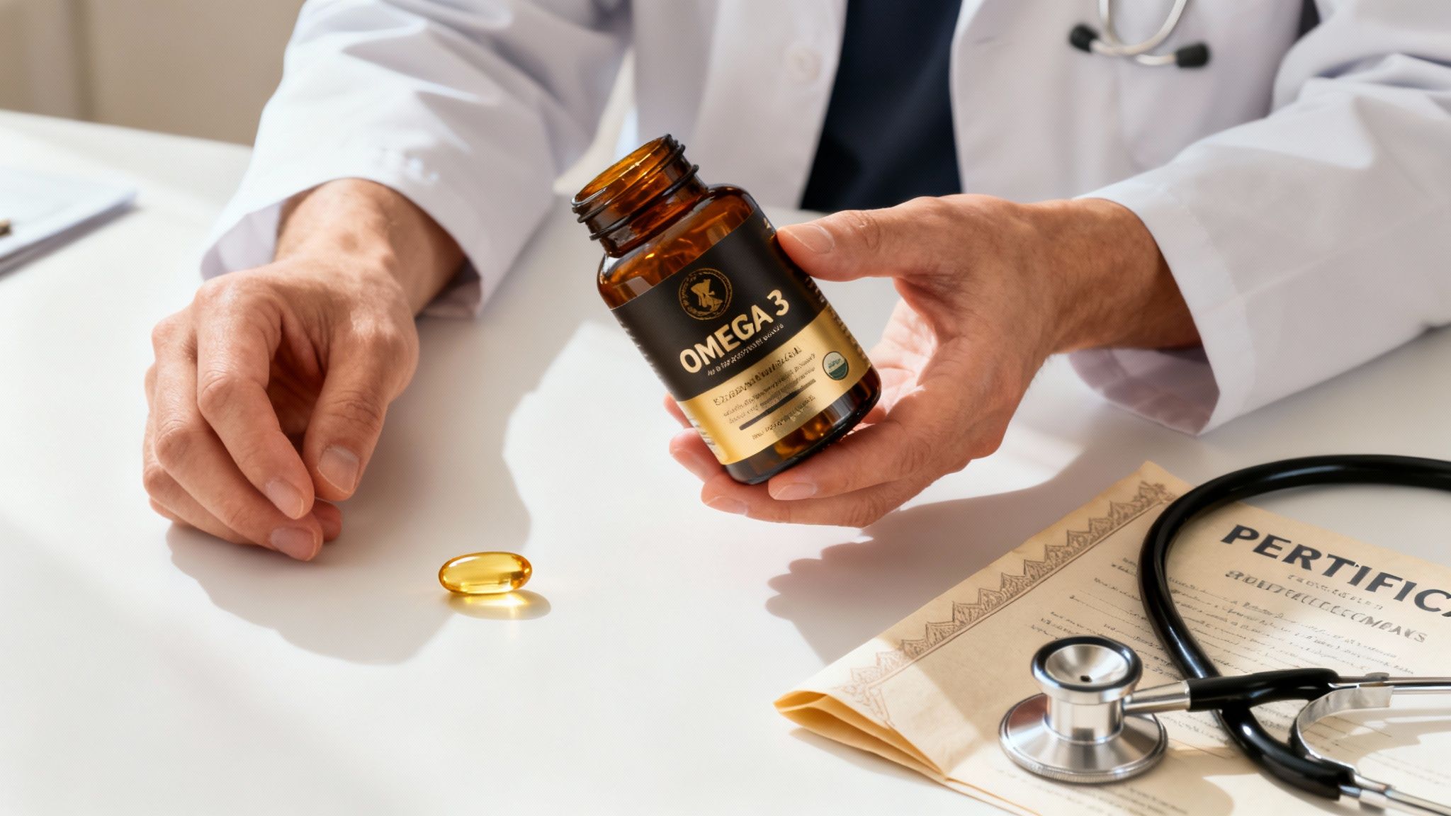 A doctor's hands holding an Omega 3 supplement bottle with a capsule and stethoscope on a table.