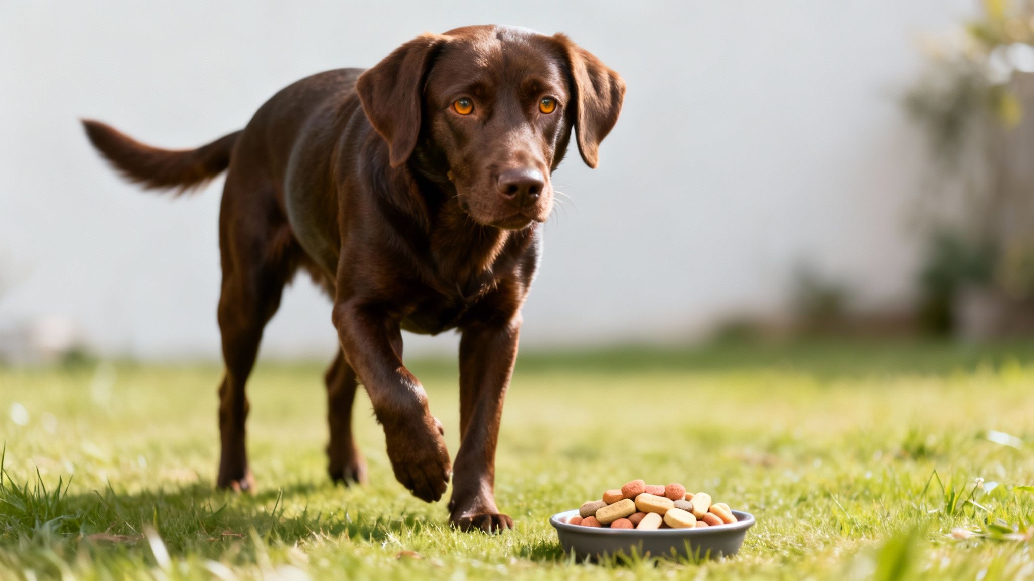 A brown Labrador retriever dog walks on green grass towards a bowl of multivitamin treats.