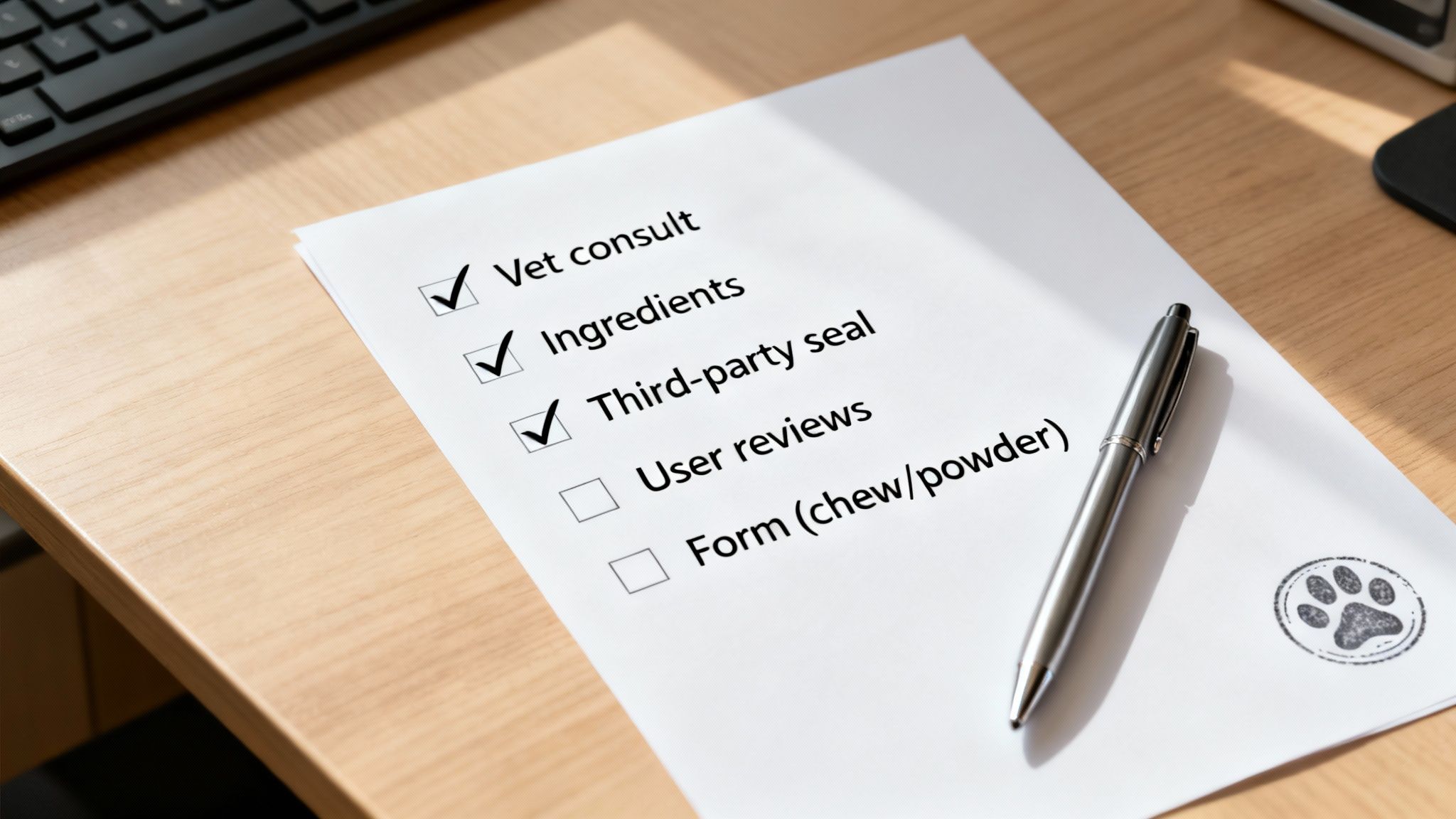 A checklist for pet product evaluation on a wooden desk, with vet consult and ingredients checked.