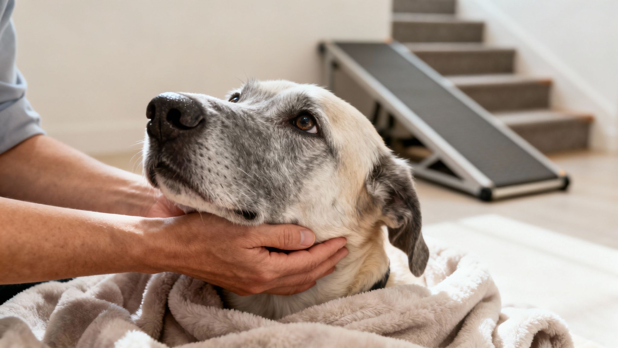 Hands gently comfort an elderly dog wrapped in a cozy blanket, with a mobility ramp nearby.