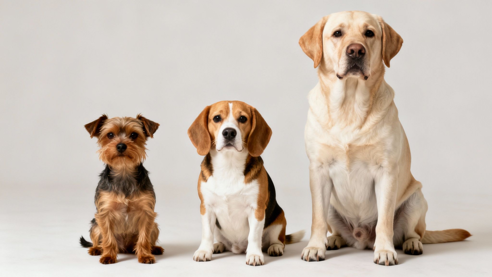 A Yorkshire Terrier, Beagle, and Labrador Retriever sitting side by side.