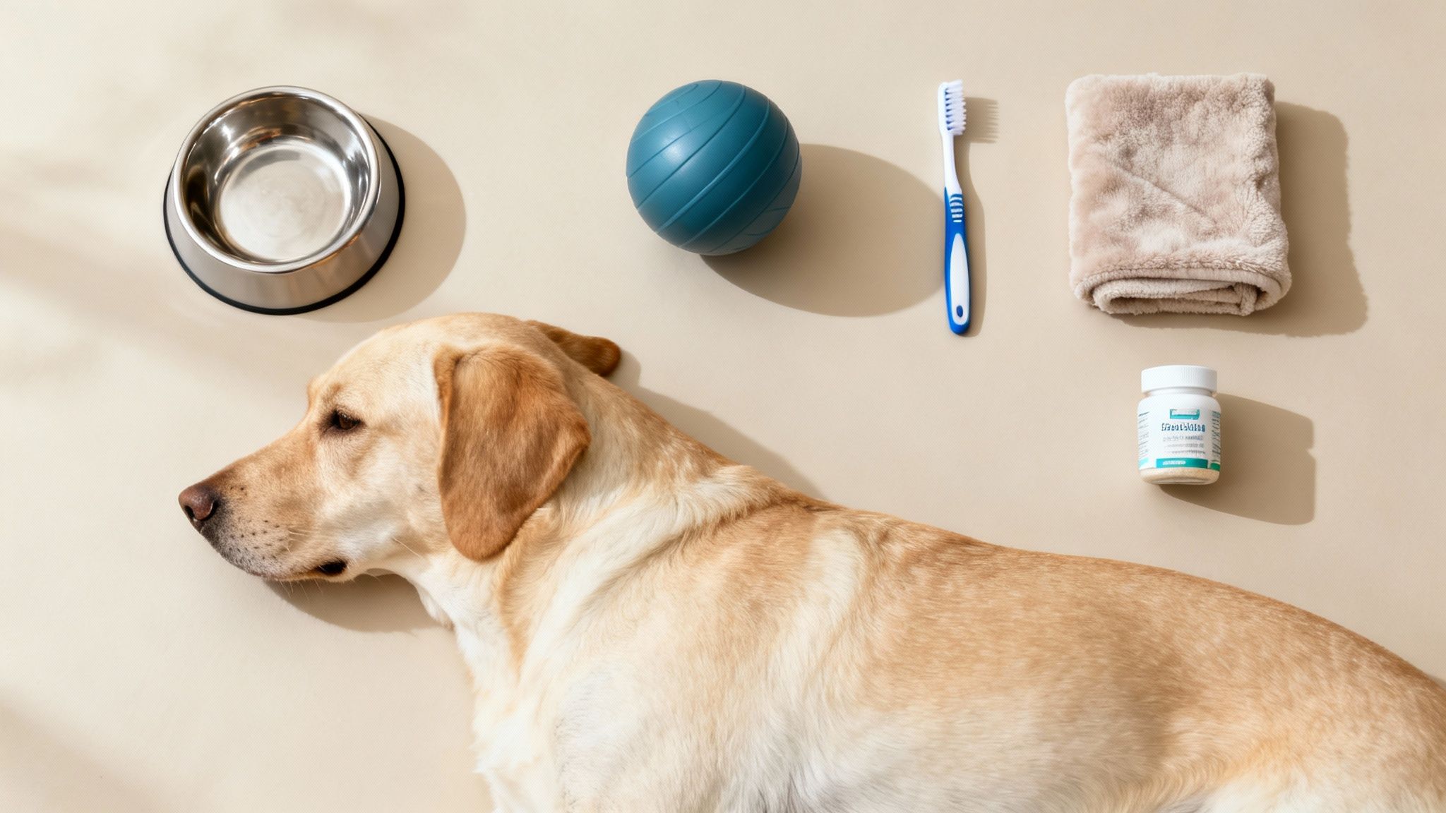 A yellow Labrador dog lies next to a steel bowl, blue toy ball, toothbrush, towel, and supplement bottle.
