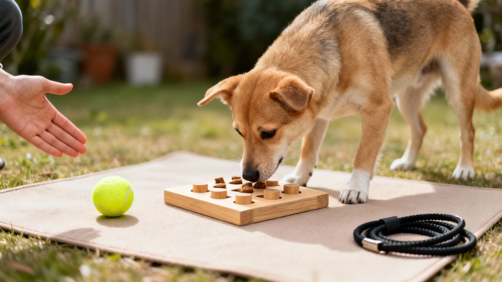 A happy brown dog sniffs treats in a wooden puzzle feeder with a person's hand reaching out.