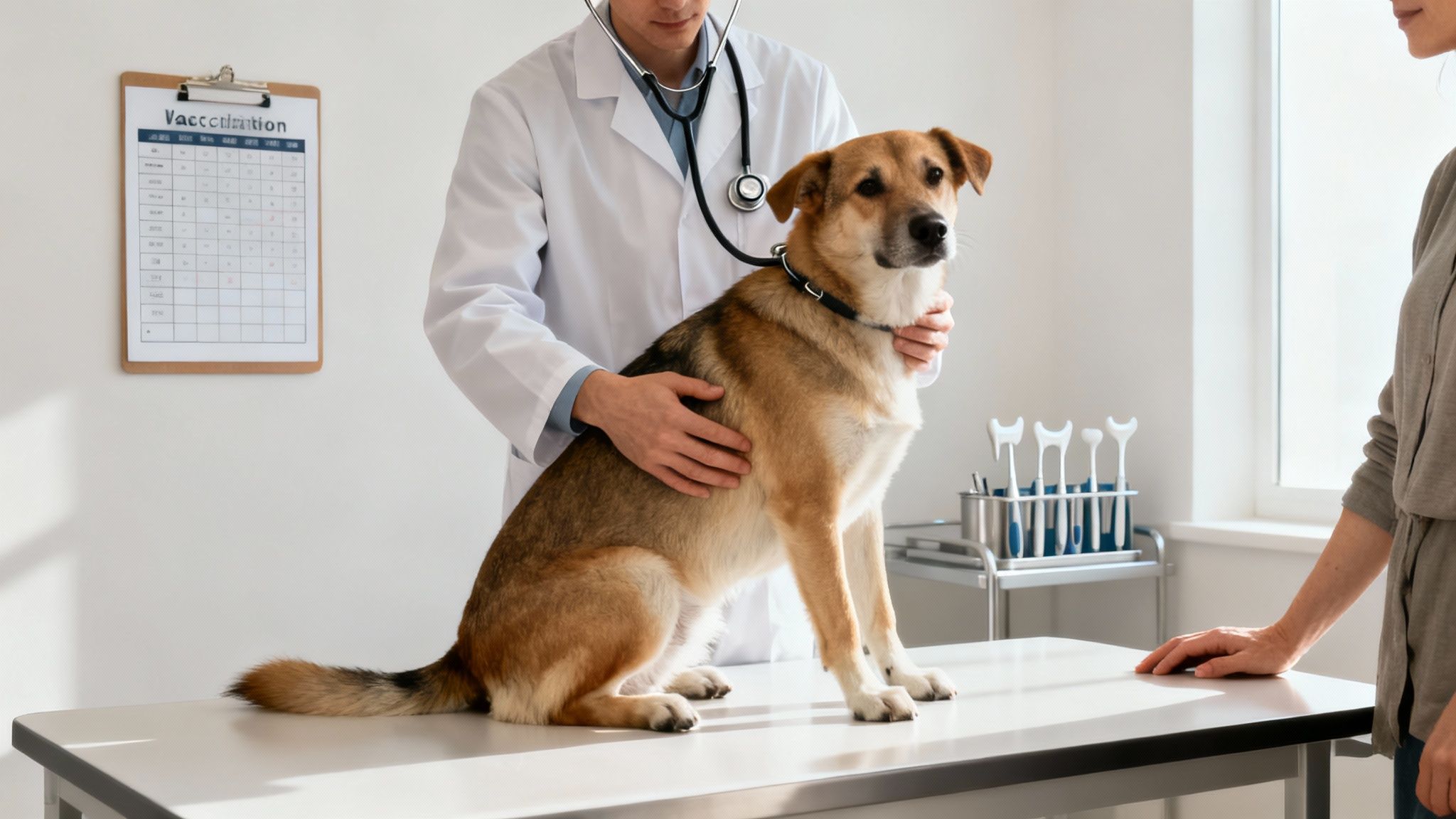 A veterinarian examines a brown and white dog with a stethoscope on an exam table, as an owner watches.