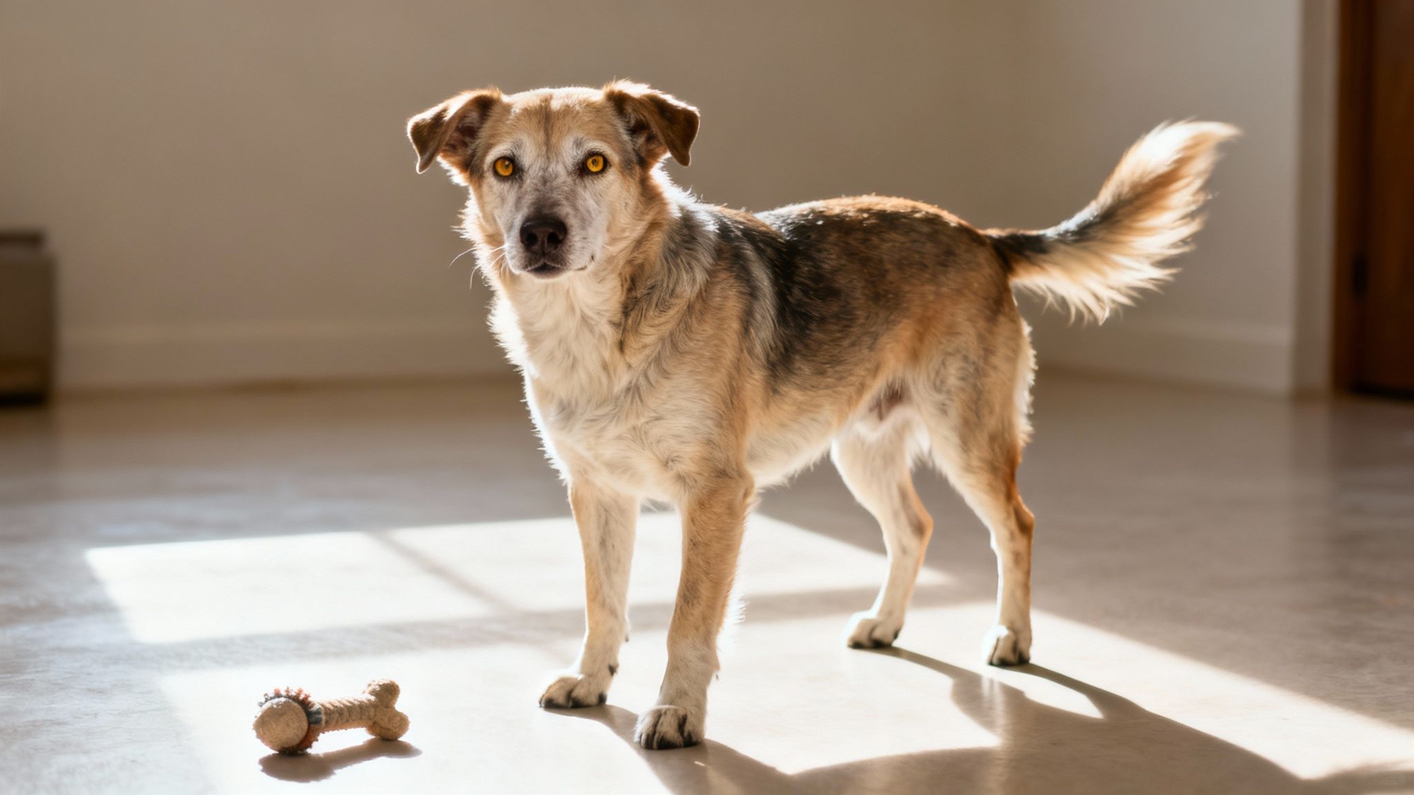 A tan, brown, and white dog with striking golden eyes stands indoors near a bone toy, bathed in sunlight.