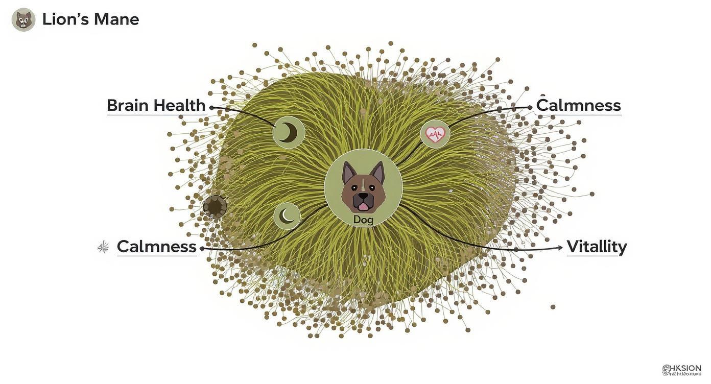 Infographic showing Lion's Mane mushroom benefits for dogs: Brain Health, Calmness, and Vitality.