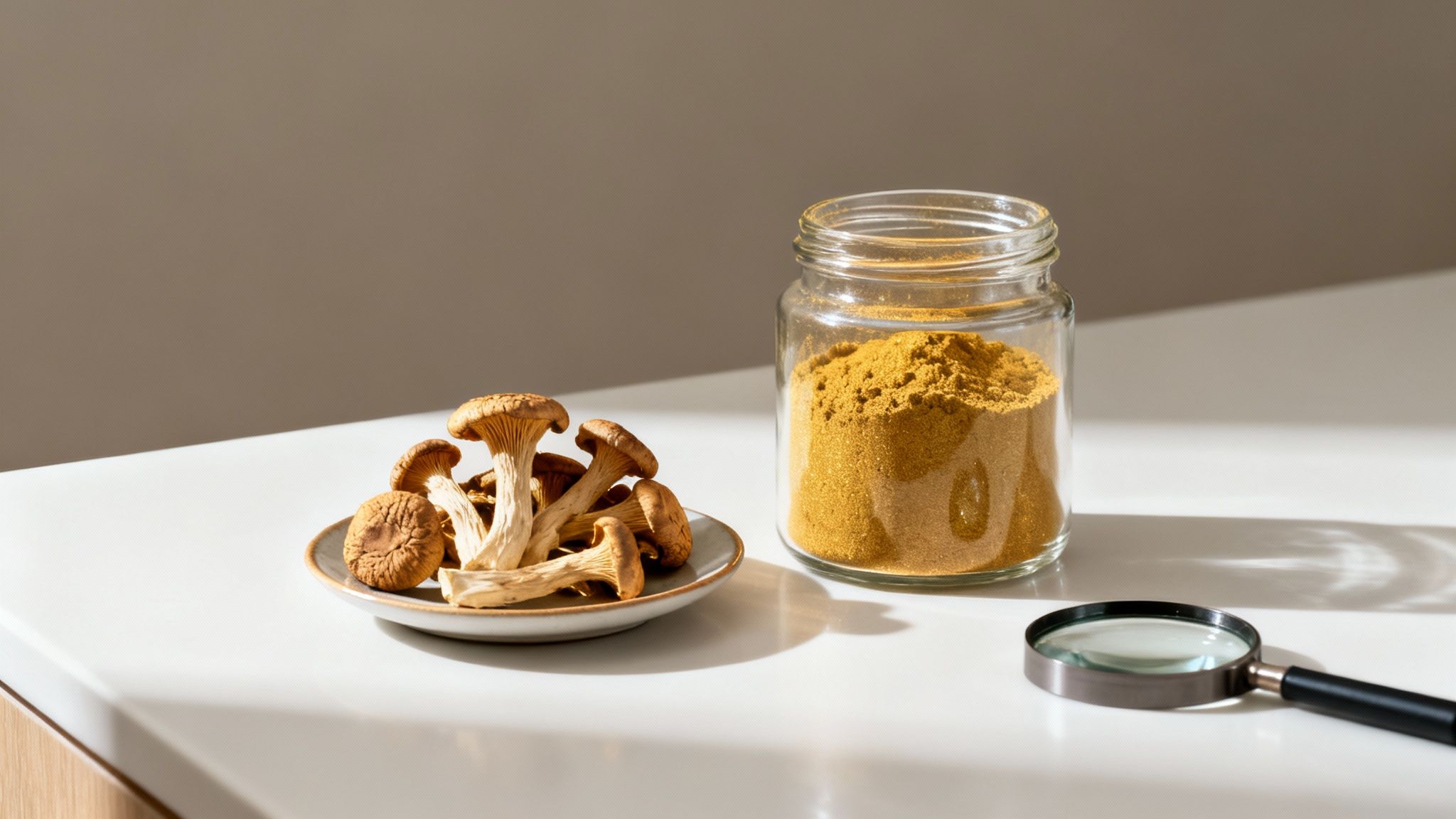 Dried mushrooms and mushroom powder in a jar with a magnifying glass on a white table.