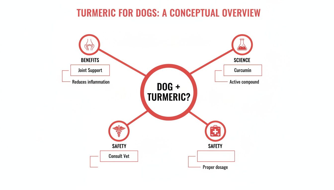 Conceptual overview of turmeric for dogs, highlighting benefits, science, and safety considerations like dosage and vet consultation.